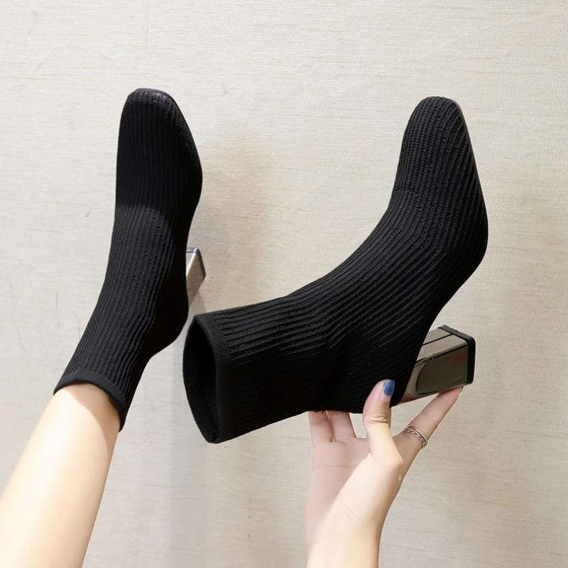 EOEODOIT Herbst Karree Stiefel Socke Schuhe Unterhose Auf Hohe Quadratische Ferse Frauen Pumpen Schuhe strecken Stoff