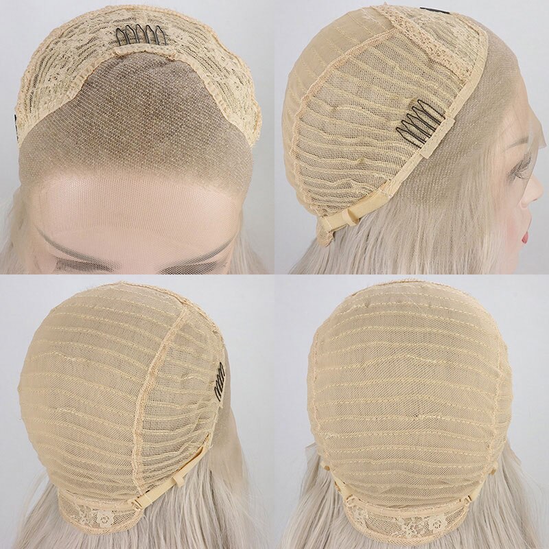 Bombe Platin Grau Natürliche Welle Synthetische 13*3 Spitze Vorne Perücke Glueless Hitze Beständig Faser Haar Natürlichen Haaransatz Für frauen