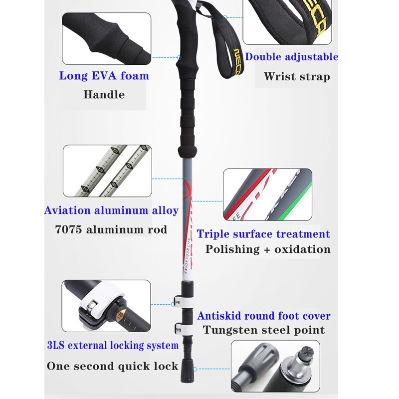 Nordic Walking Stick Camping Hiking Stick Aluminium Alloy Rod Ultralight Adjustable Telescopic Alpenstock Trekking Pole
