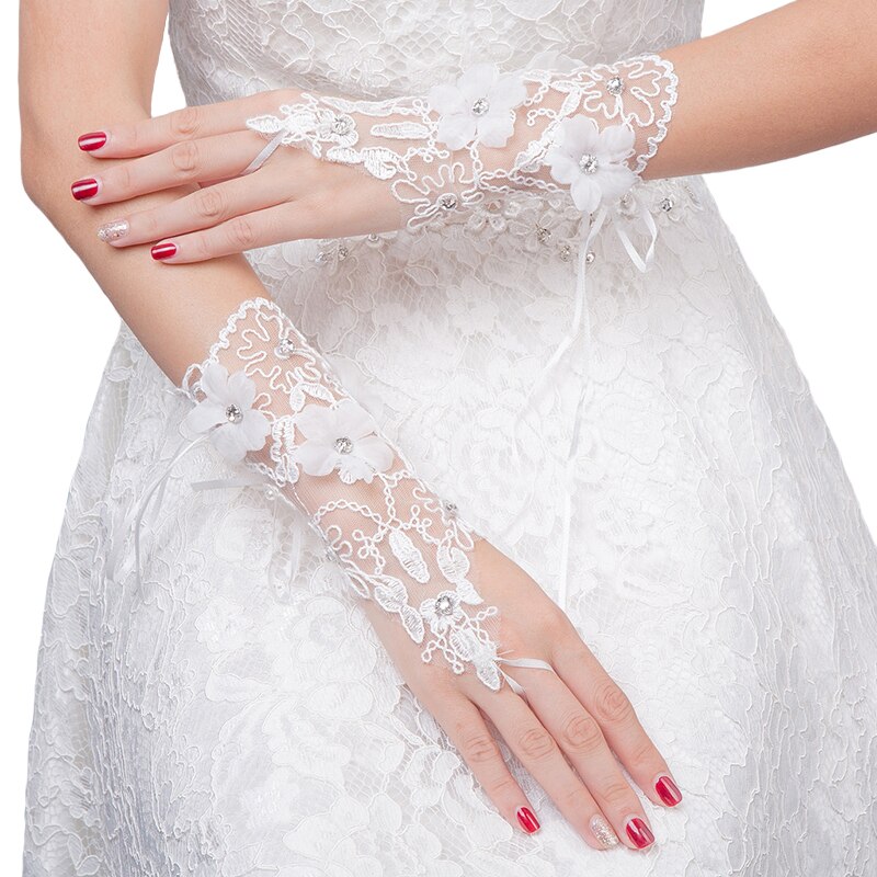 Guantes de novia cortos de encaje sin dedos para novia, accesorios de boda, bordados, con abalorios blancos, a la