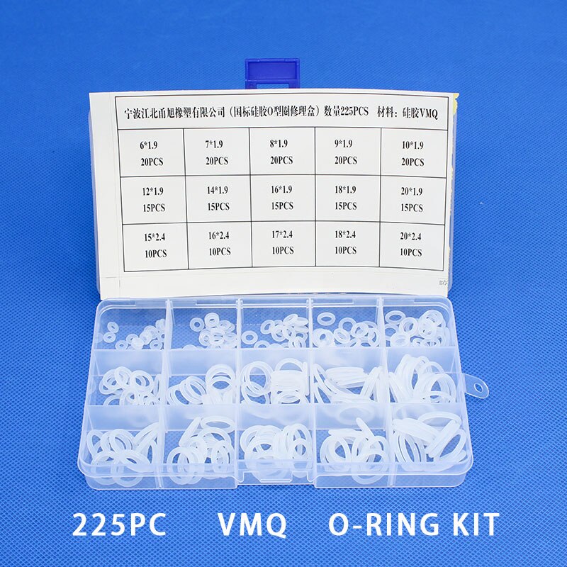 225 stk o-ring silikone/silicium 15 størrelser vmq silicium o-ring elasticitet tætning o-ringe skive pakningsring sortiment sæt sæt æske: Bwv -225