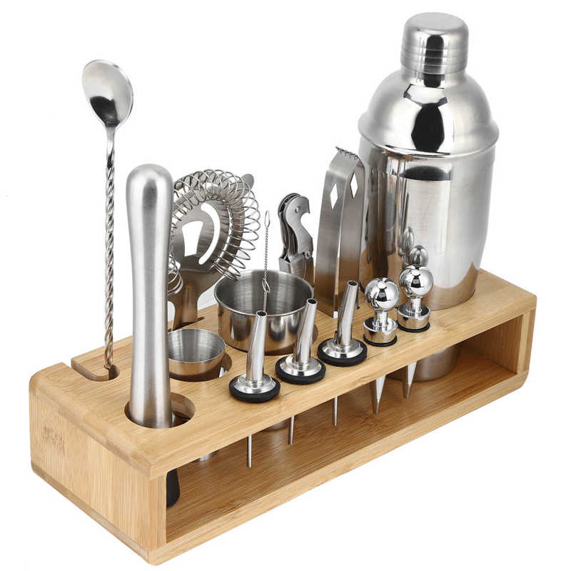 16Pcs 304 Stainless Steel Cocktail Shaker Bar Set Wine Drinking Mixer with Bamboo Stand Bartending Kit