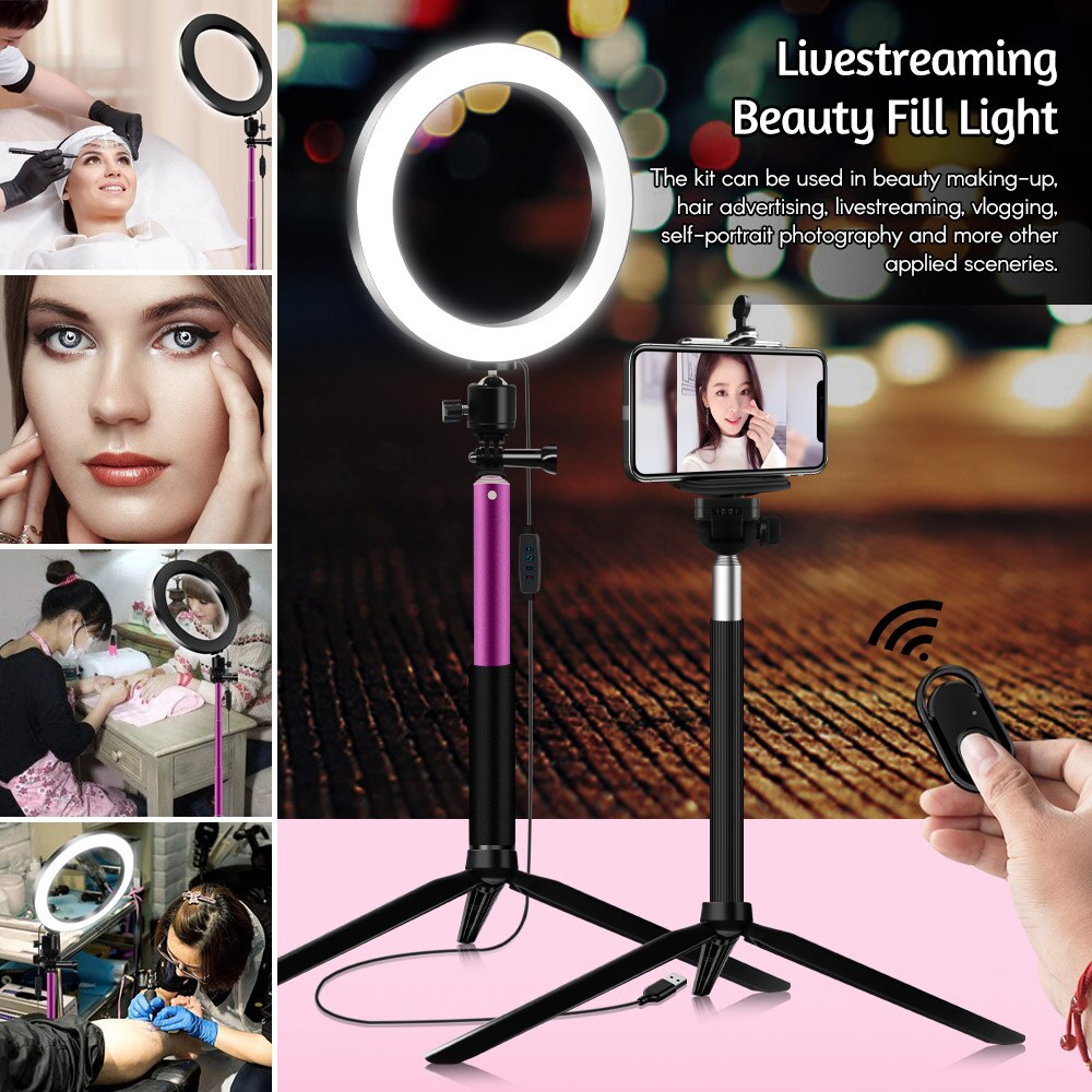10 Inch Dimmable LED Studio Camera Ring Light Photo Phone Video Light with Ball Head Phone Holder Tabletop Tripod Selfie Stick