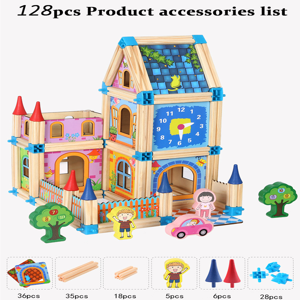 128 Pcs/268 Pcs Speelgoed Voor Poppenhuis Met Pop Houten Huis Diy Miniatuur Huis Te Verbeteren Intelligentie Speelgoed als Cadeau Voor: 128PCS