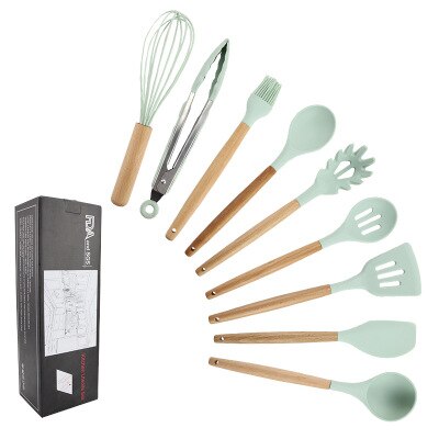 11 st silikon köksredskap set, rosa massivt trä handtag med förvaringslåda, köksutrustning kit köksredskap tillbehör: 9pc blå b