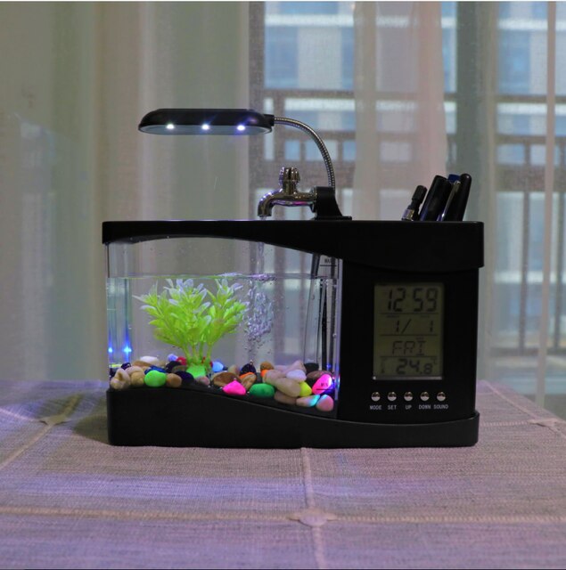 USB Mini Aquarium Fish Tank Aquarium with LED Desk Lamp Light LCD Display Screen Clock Fish Tank Aquarium Ecosystem With Light: Black