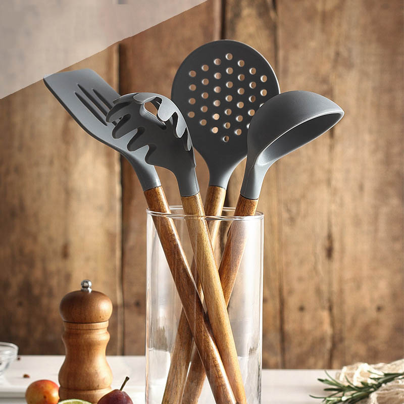 7PCS Silicone Spatulas Cooking Utensils sets Wooden Handle Non-Stick Spatula Spoon Colander Kitchen Cooking Tools Gadget BS