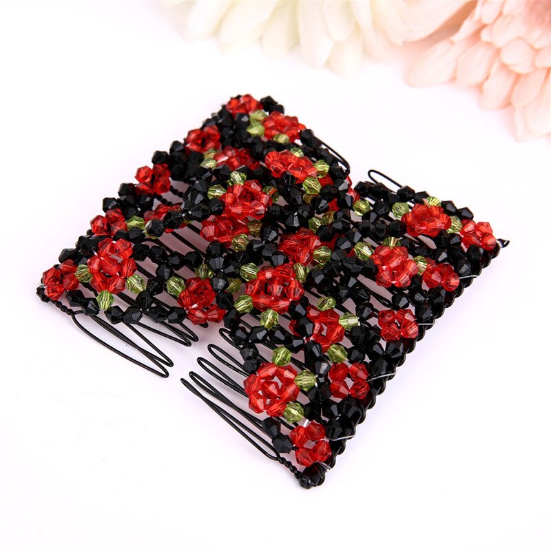 Accessoires de coiffure de dames perles magiques élasticité Double peigne à cheveux pince accessoires de coiffure extensibles: Red