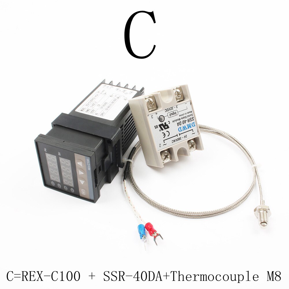Digital 110V~240V PID REX-C100 Temperature Controller + max.40A SSR Relay output + K Thermocouple PID Controller Set Heat Sink: C