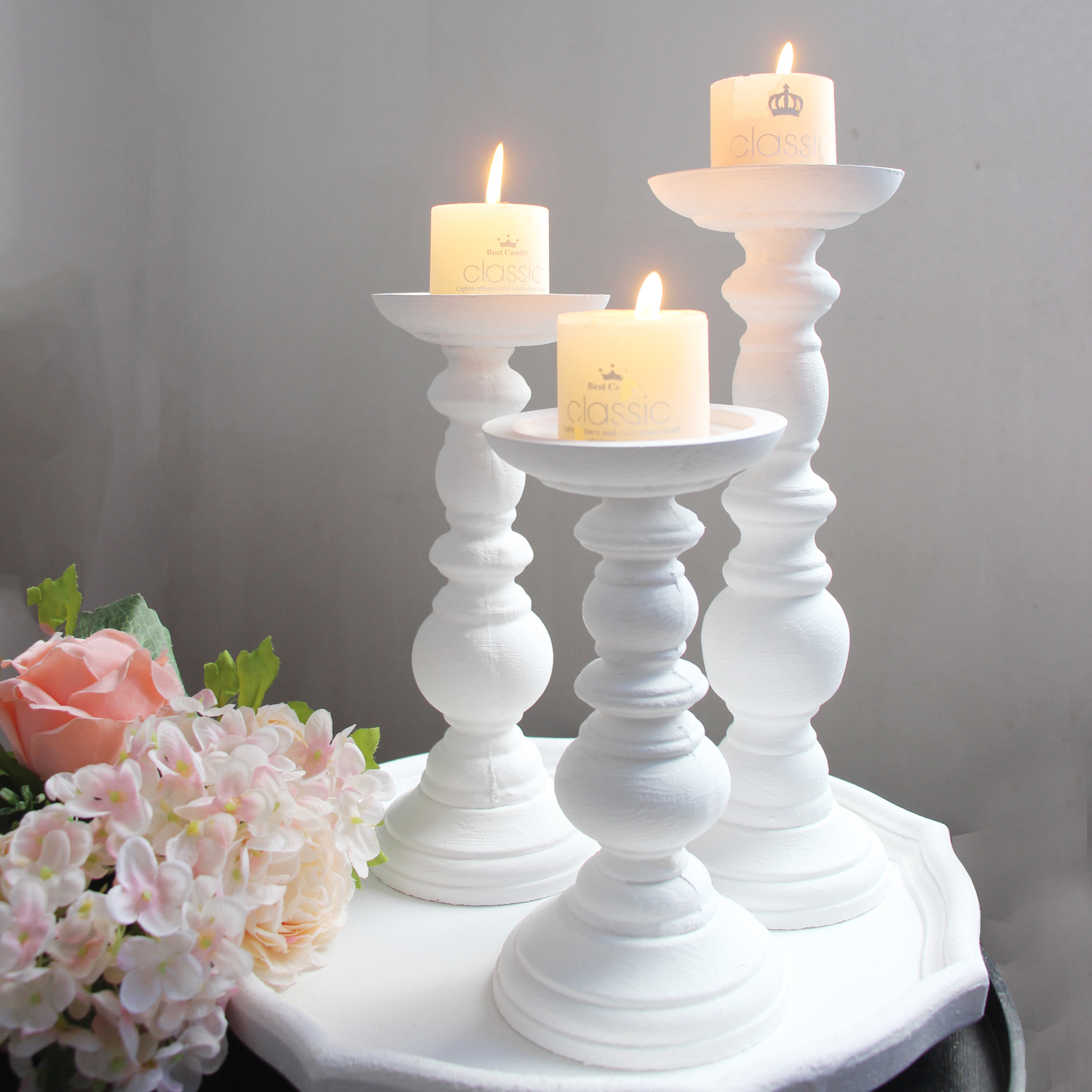 Ensemble de bougeoirs en bois blanc ci-après, chandelier, pot de plantes succulentes, décoration de table et de bureau, décor rustique de mariage et de