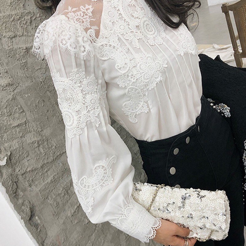 CHICEVER-Camiseta informal de verano de encaje liso para mujer, ropa ajustada de talla grande con cuello levantado y manga abombada,