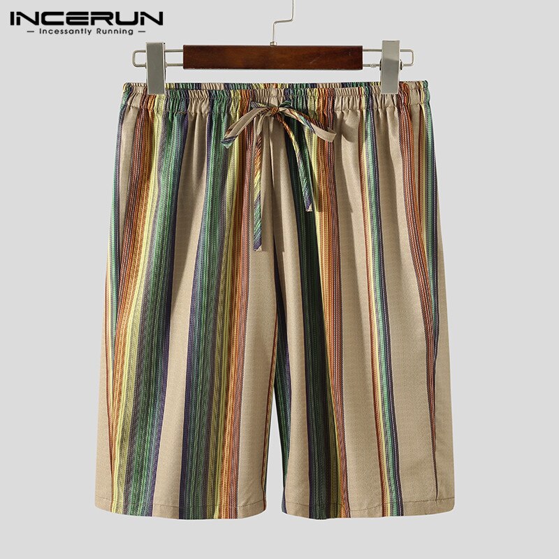 Hombre Retro Kimono Homewear trajes INCERUN hombres Vintage a rayas conjuntos de pijama 3/4 manga camisetas con lazo cordón pantalones cortos 2 piezas S-5XL