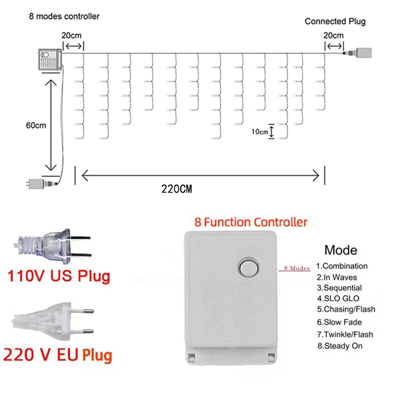 3M LED Vorhang Eiszapfen Lichterkette Hängend 0,4-0,6M 220V Garten Hof Einkaufen Vorhang Licht Außendekoration Licht.