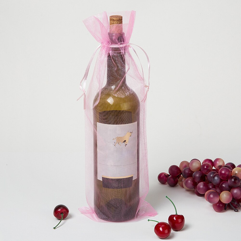 30pcs Drawstring Bottle Cover Wine Bag Home Transparent Pouch Champagne Organza Wedding Fine Mesh Wrapping: Pink