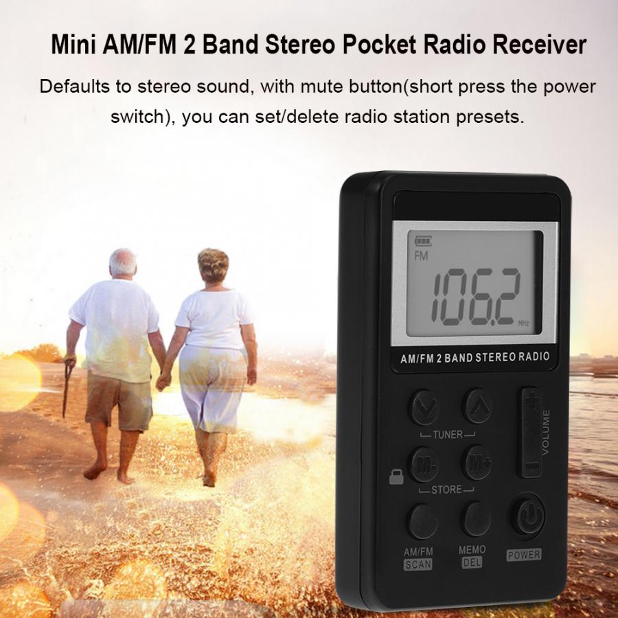 Draagbare radio fm am dual band stereo mini pocket radio-ontvanger met lcd-scherm & oortelefoon & oplaadbare batterij