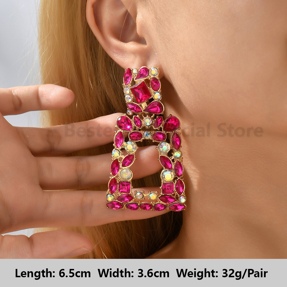 Pendientes colgantes de gota llamativos de diamantes de imitación de color rosa intenso para mujer, colgantes grandes geométricos de de lujo, de joyería para y boda: Cobalto Chapado en