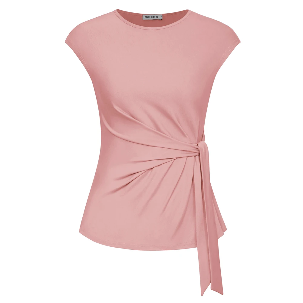 Gk kvinder bluser foran sløjfe knude dekorerede toppe klassiske kasketærmede rund hals pullover sommertoppe bluser femme
