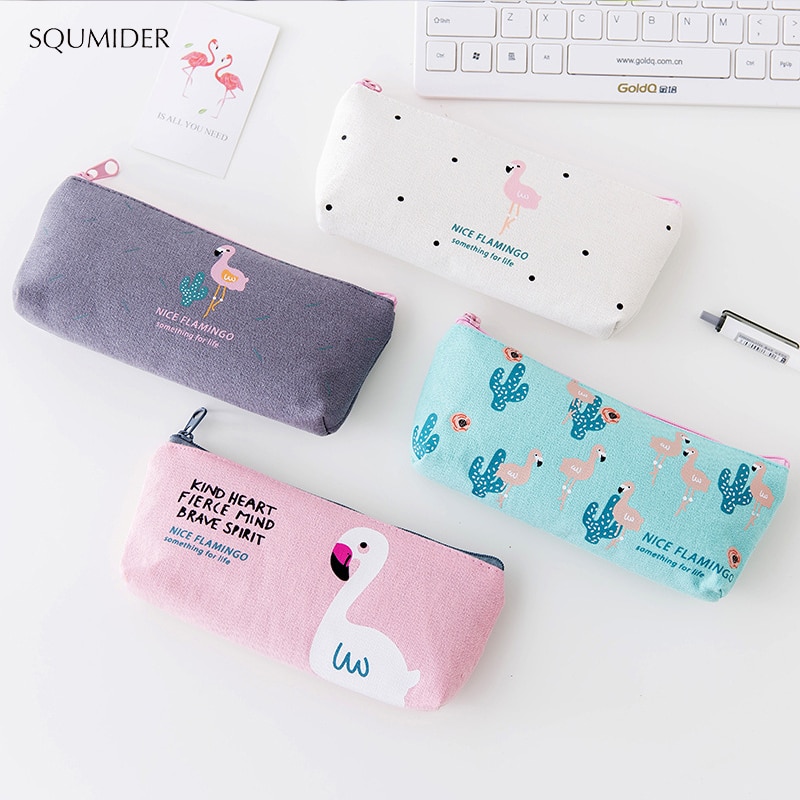 SQUMIDER 1PC Cute Flamingo Canvas Pencil Cases Stationery Storage Pen Bag School Office Pencil Bags Lovely Pencil Pouch