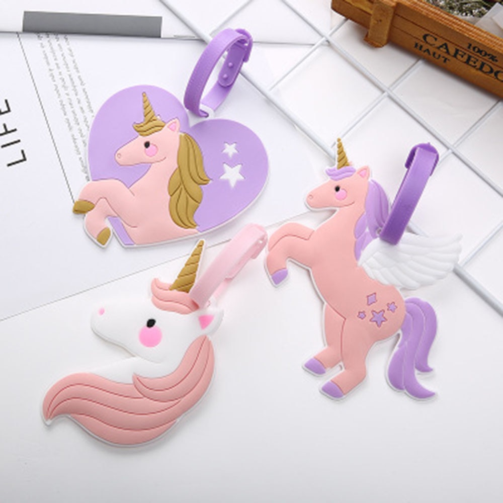 Cute Pink Unicorn Suitcase Luggage Tag Travel Accessories ID Address Holder Women Baggage Label Organizer Silica