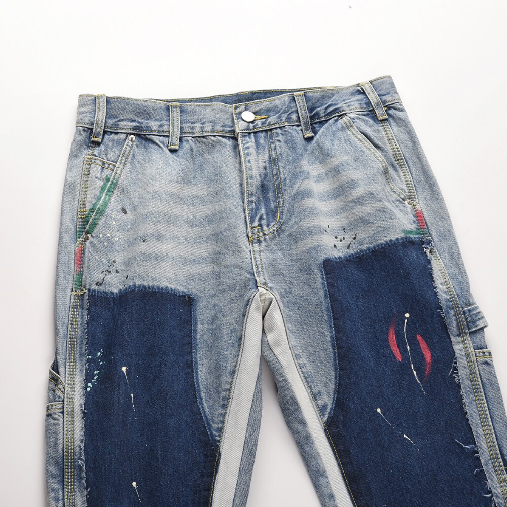 Blue Multicolor Paint Splatter Flared Jeans Men Deconstructed Patchwork Trousers Eight-Pocket Styling
