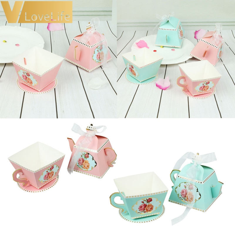 10Pcs Paper Box Pink Blue Tea Cup Teapot Candy Birthday Party Supplies Baby Shower Decoration Packaging Box