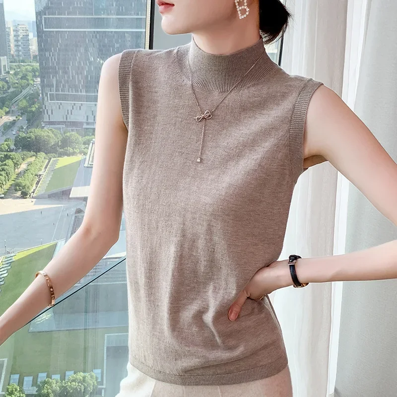 Kamgarn ren ull dame høst og vinter halvhøy krage kort slank passe innvendig basegenser ermeløs Vest dame: L / Kamel