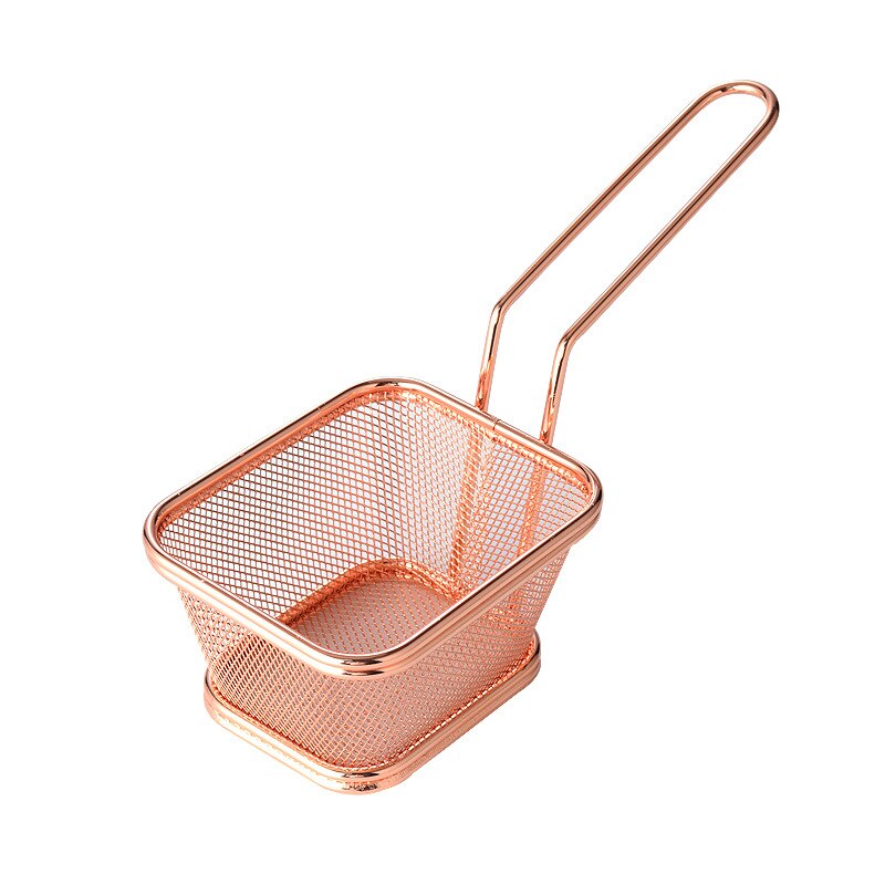Mini French Deep Fryers Basket Net Mesh Fries Chip Kitchen Tool Stainless Steel Fryer Home Mini French Fries Baskets Strainer: Rose gold E