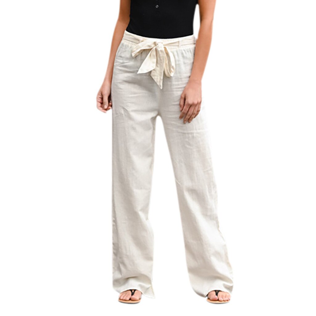 Womens Solid Bandage Loose Casual Wide Leg Leggings Bottom Long Pants Trousers Брюки Женские #Y10: White / L