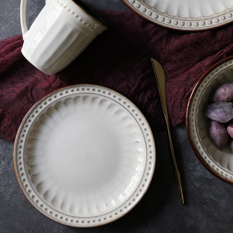 European Style White Ceramic Tableware Set Western Steak Pasta Embossed Plate Home Restaurant Salad Bowl Drink Cup