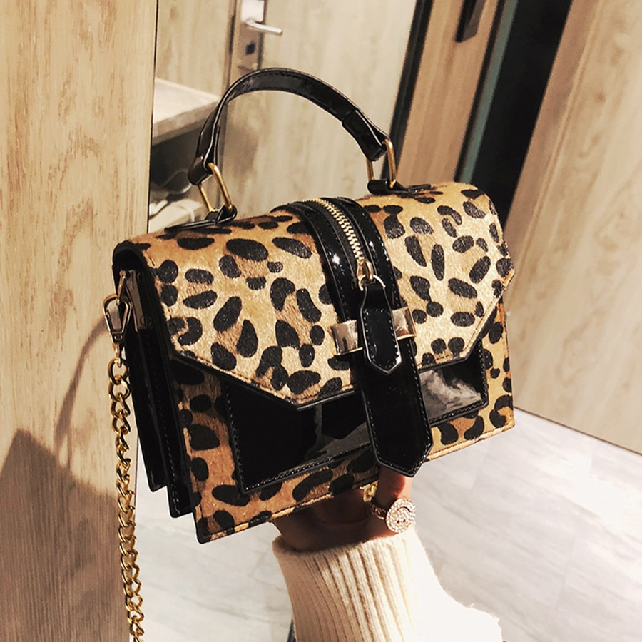 Leopard Crossbody Bags For Women With Zipper Decoration Ladies Chain Handbags And Purses Patent Leather Small Shoulder Bag