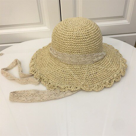 Kant Winddicht Tie Met Grote Rand Papyri Zonnehoed Voor Dames Zomer Outdoor Zonnehoed Opvouwbare