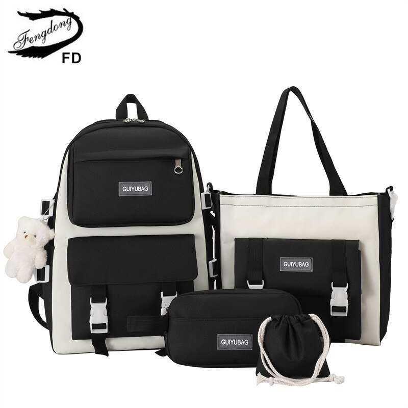 Fengdong 5 Stks/set Student Schooltas Zwart Wit Mode School Rugzak Voor Tienermeisjes Handtas Schoudertas Potlood Tas Set