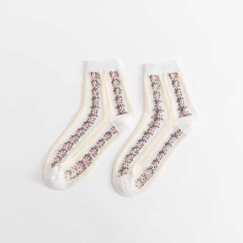 Damstrumpor blommiga strumpor för kvinnliga broderier genomskinliga tjejer svart patchwork sox fräsch färg damstrumpor: Vit