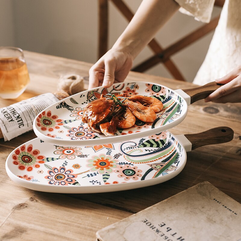 Nordic Ceramic Dinner Plates Dish Steak Salad Tray with Wooden Handle Christmas Steak Plates Home Decor Oval Dishes Tableware