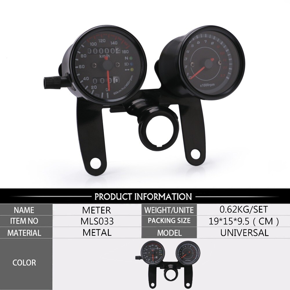 Universal 13000 rpm Motorcycle Speedometer Odometer Gauge 0~ 160 km/h LED Backlight tachometer Set Black Instrument