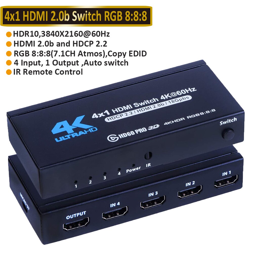 2022 Best 4K HDMI Switch 2.0 Support RGB 4:4:4 HDR HDMI Switch 4K 60Hz HDMI 2.0 Switch Remote IR UHD 4 Port HDMI Switch Switcher: ZY-HS14A1 / EU Power Plug