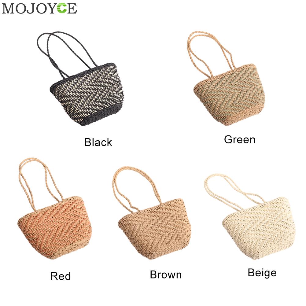 Vintage Straw Shoulder Weaving Bucket Beach Bag Women Woven Rattan Small Beach Summer Bucket Totes Handbags