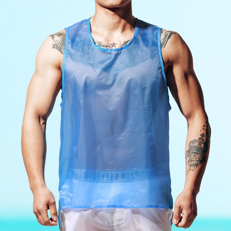 Chaleco transparente para hombre Desmiit, camiseta sin mangas de secado rápido para vacaciones en la playa, camiseta sin mangas ultrafina para deportes acuáticos: Azul oscuro / L