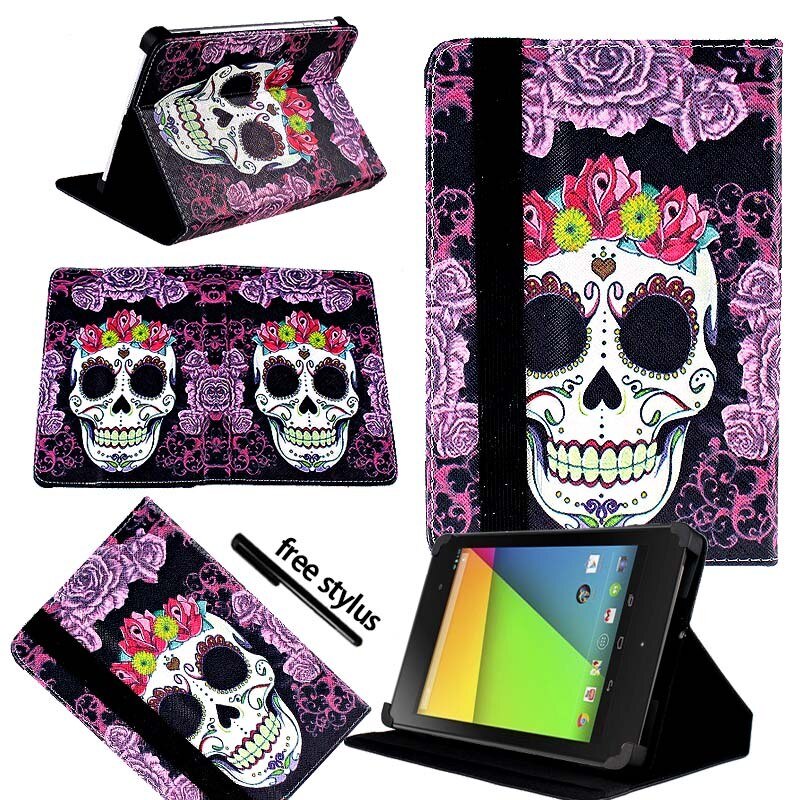 KK & LL Für Google Nexus 7 (1st 2th, Gen Gen ) -leder Tablet Ständer Folio Abdeckung Fall + Freies stylus: Purple Skull