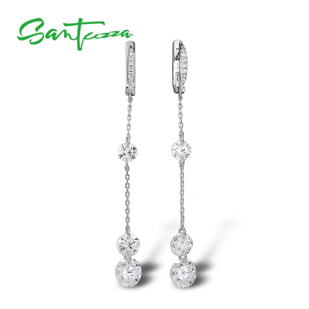 Boucles d'oreilles en argent SANTUZZA pour femmes pur 925 argent Sterling étincelant blanc zircon cubique longues boucles d'oreilles goutte bijoux fins