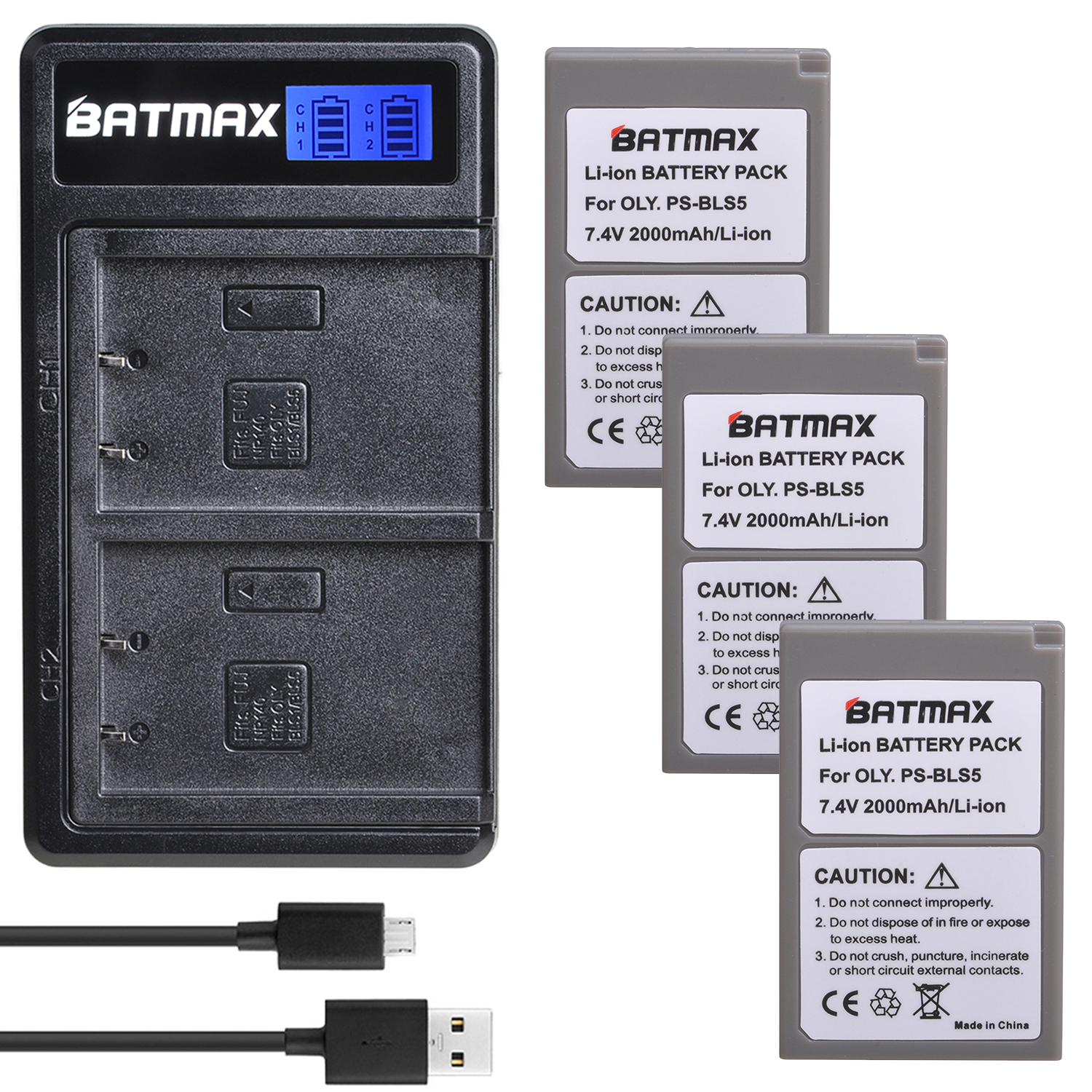 4Pc 2000mAh PS-BLS5 BLS-5 BLS50 bateria + podwójna ładowarka USB dla Olympus E-PL7,E-PM2, OM-D E-M10, E-M10 II, Stylus1: Black