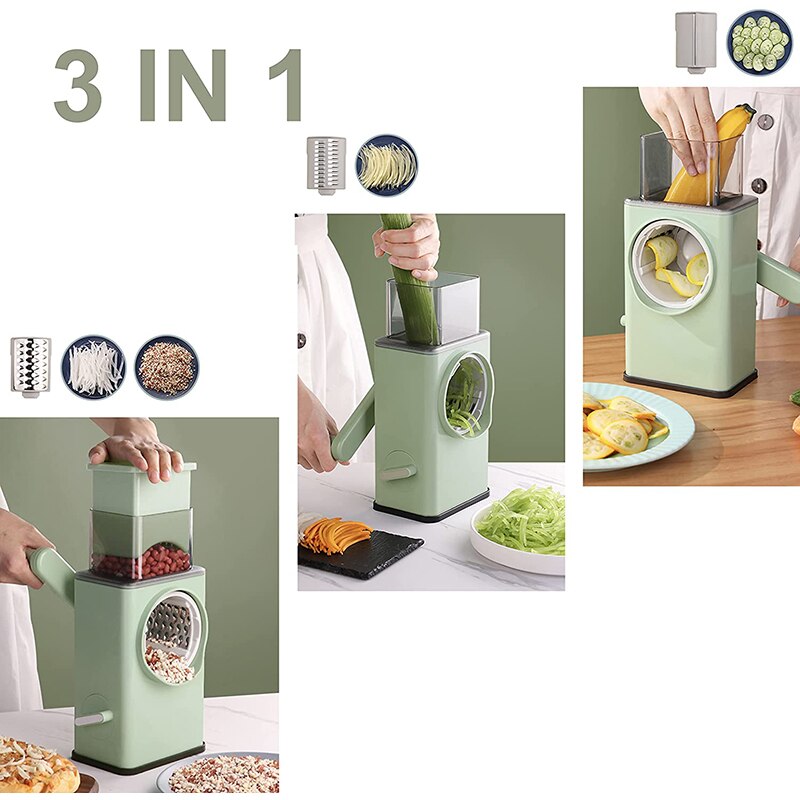 Trancheuse à légumes multifonction 3 en 1, rouleau coupe-légumes rotatif à manivelle, râpe à légumes, broyeur d'aliments, accessoires de cuisine