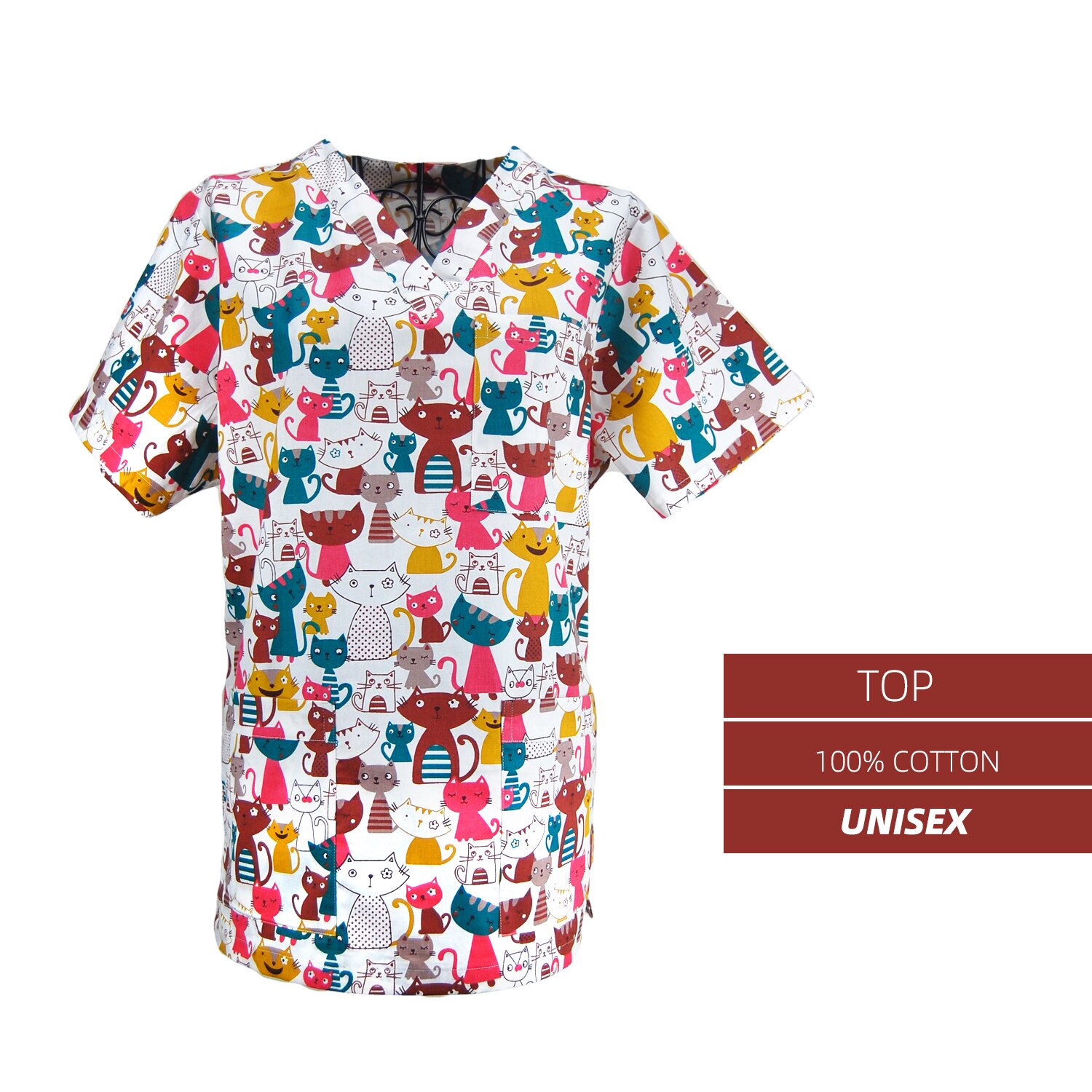 Unisex scrubs uniforms tops cap nurse doctors workwear working clothes Cartoon Print Short Sleeved Beautician Dentist scrub top: TOP / M