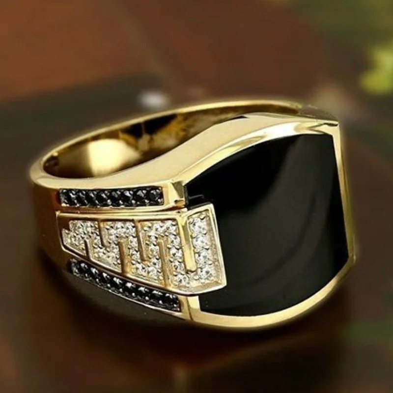 Anillo clásico para hombre, anillos Punk de circón de piedra negra con incrustaciones de Color dorado y Metal a la para hombre, joyería de lujo para boda y compromiso
