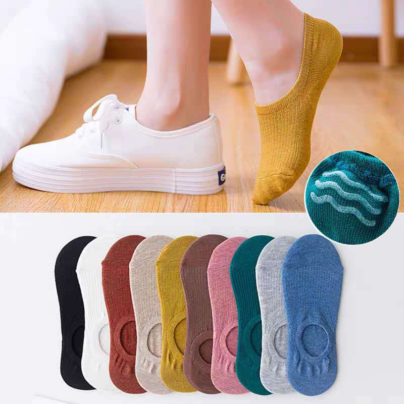 5 pares de zapatillas de calcetín para mujer, calcetines invisibles finos y transpirables de verano de colores sólidos, calcetines cortos invisibles de silicona antideslizantes
