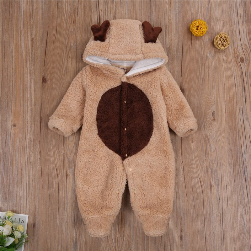 Baby Boys Girls Hooded Jumpsuit Cartoon Deer Long Sleeve Creepers Bodysuit Outfits