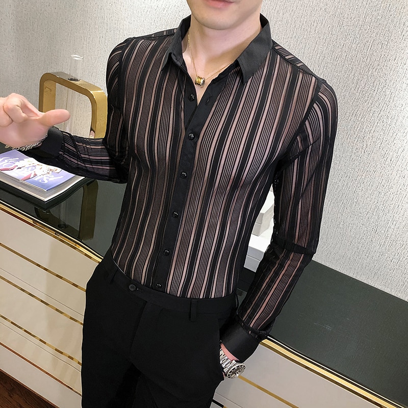 Britannico di Stile Hollow Camicia A Righe Degli Uomini di Modo di 2020 Autunno Nuovo A Maniche Lunghe Da Uomo Camicette Slim Fit Casual Prom Tuxedo Vestito 3XL-M