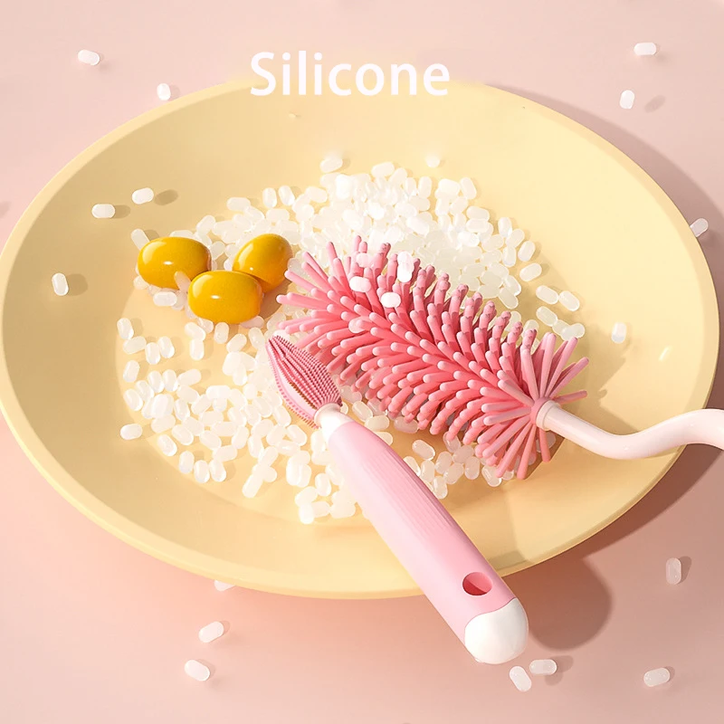 Set di strumenti per la pulizia da 360 gradi Tazza di vetro Lavaggio Spazzola pulita Spazzola per pulizia bottiglia in silicone da cucina Ciuccio per bambini Scrubber in paglia