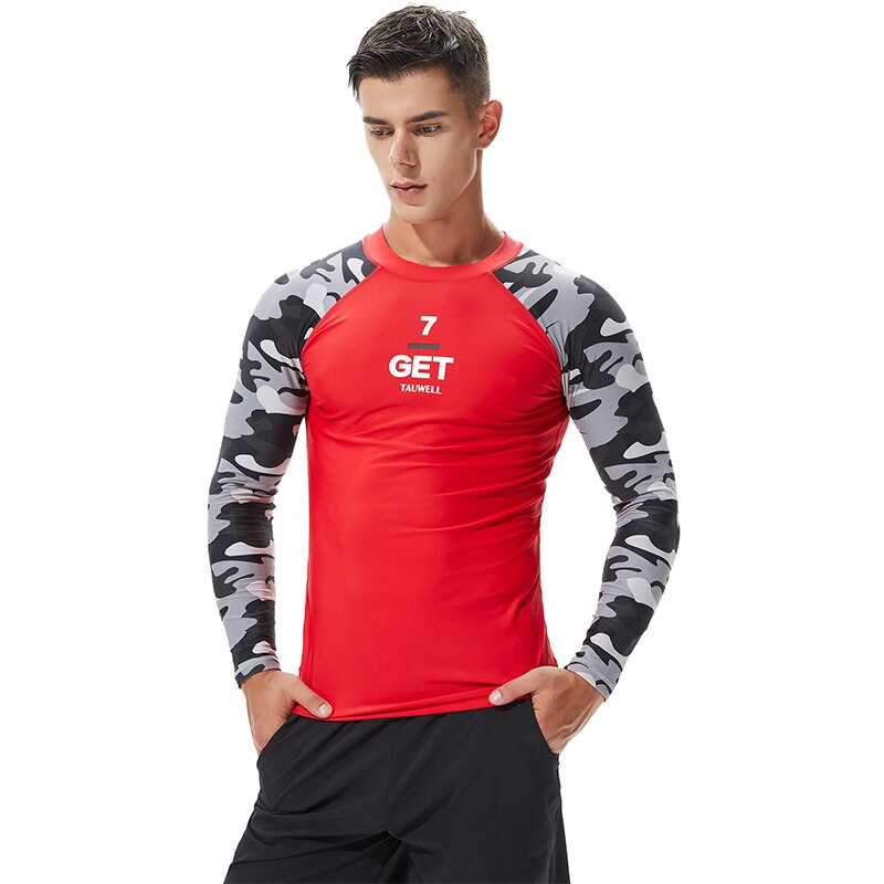 Herr långärmad rash guard sportkläder skarva uv solskydd bas skinn kamouflage surfing dykning simning t-shirt