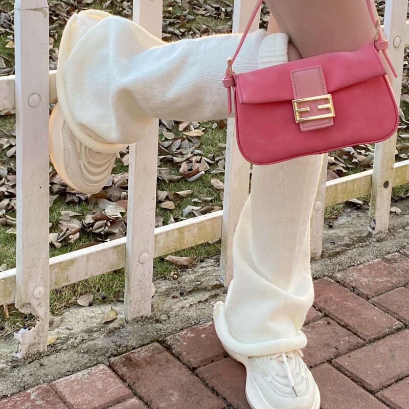 Women Flared Leg Warmers Kawaii White Winter Loose Boot Stocking Girl Uniform Knitted Cute Knee-High Leg Warmers Japanese Fluffy